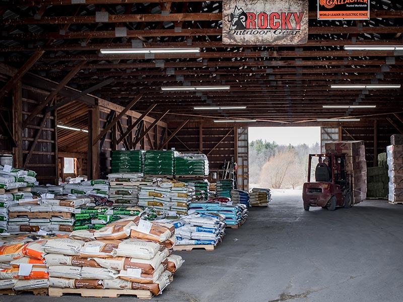 warehouse with feed on pallets
