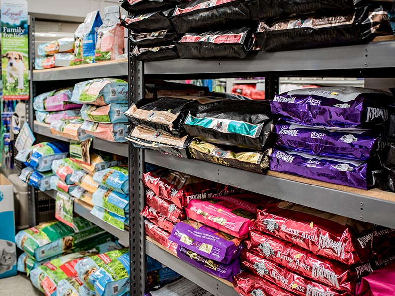 shelves with pet food bags